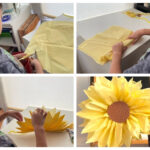 Child makes a paper sunflower: cut the tissue, accordion fold, cinch with a pipe cleaner, and fluff the petals.