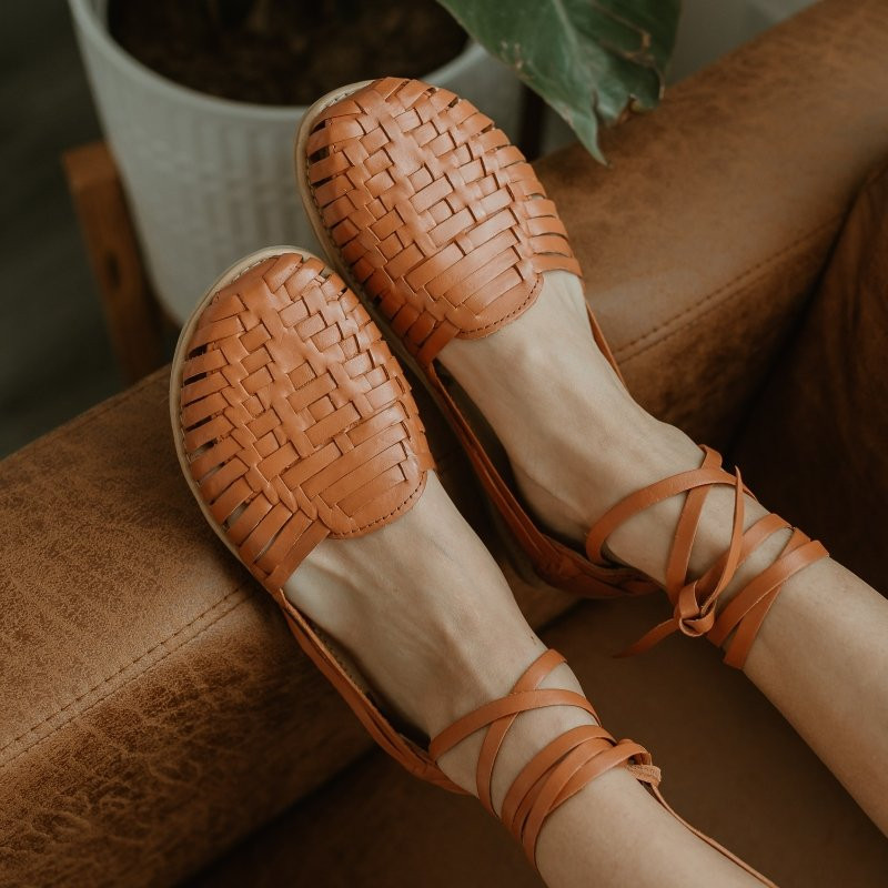 Woman wearing Origo Huaraches Toffee Slip-on
