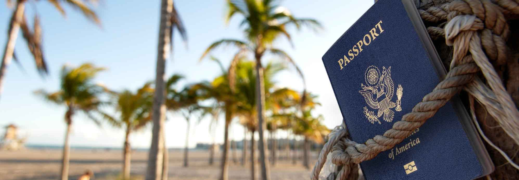 US passport tied to a palm tree on a beach