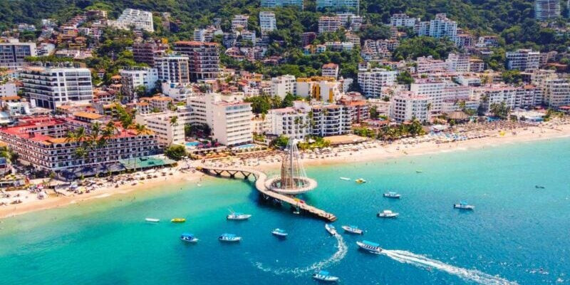 An aerial view of Puerto Vallarta Jalisco showing the beach, one of the safest places in Mexico