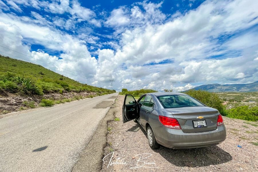 Rental car on a road in Hidalgo, Mexico