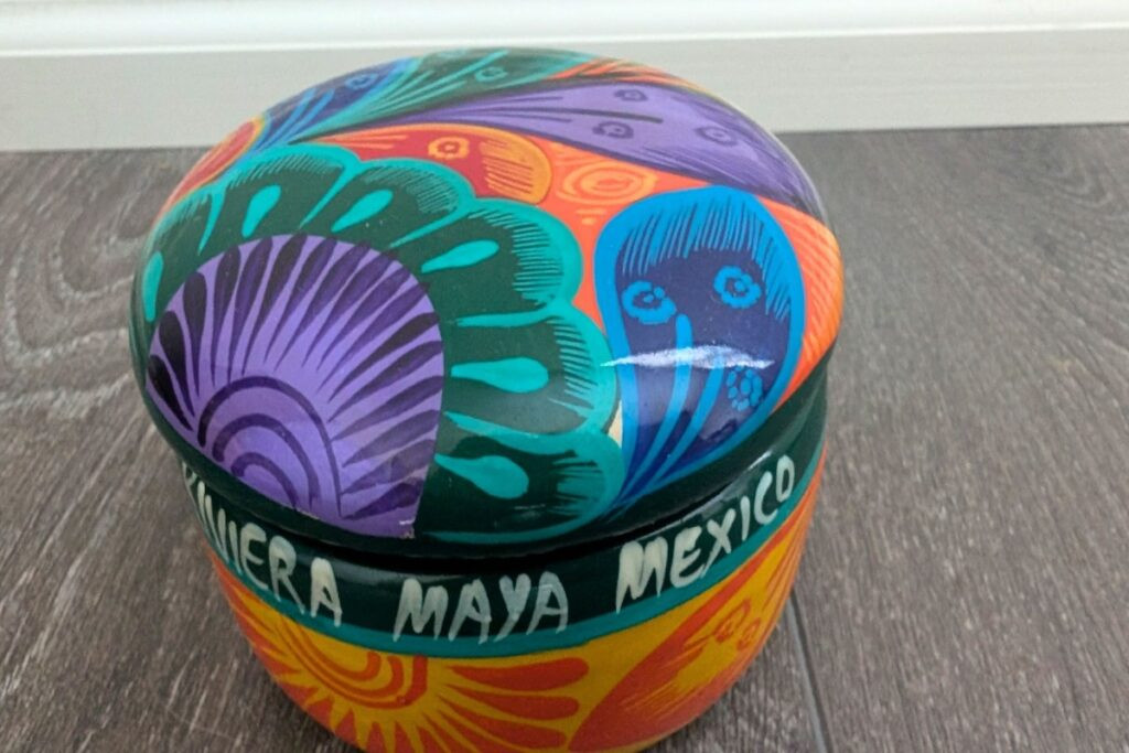 A colorful display of Mexican pottery, showcasing traditional designs