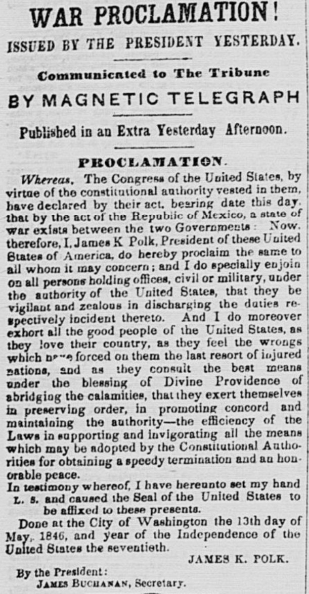 Text of Polk’s war proclamation in the New-York Daily Tribune, highlighting claims of American blood shed on American soil