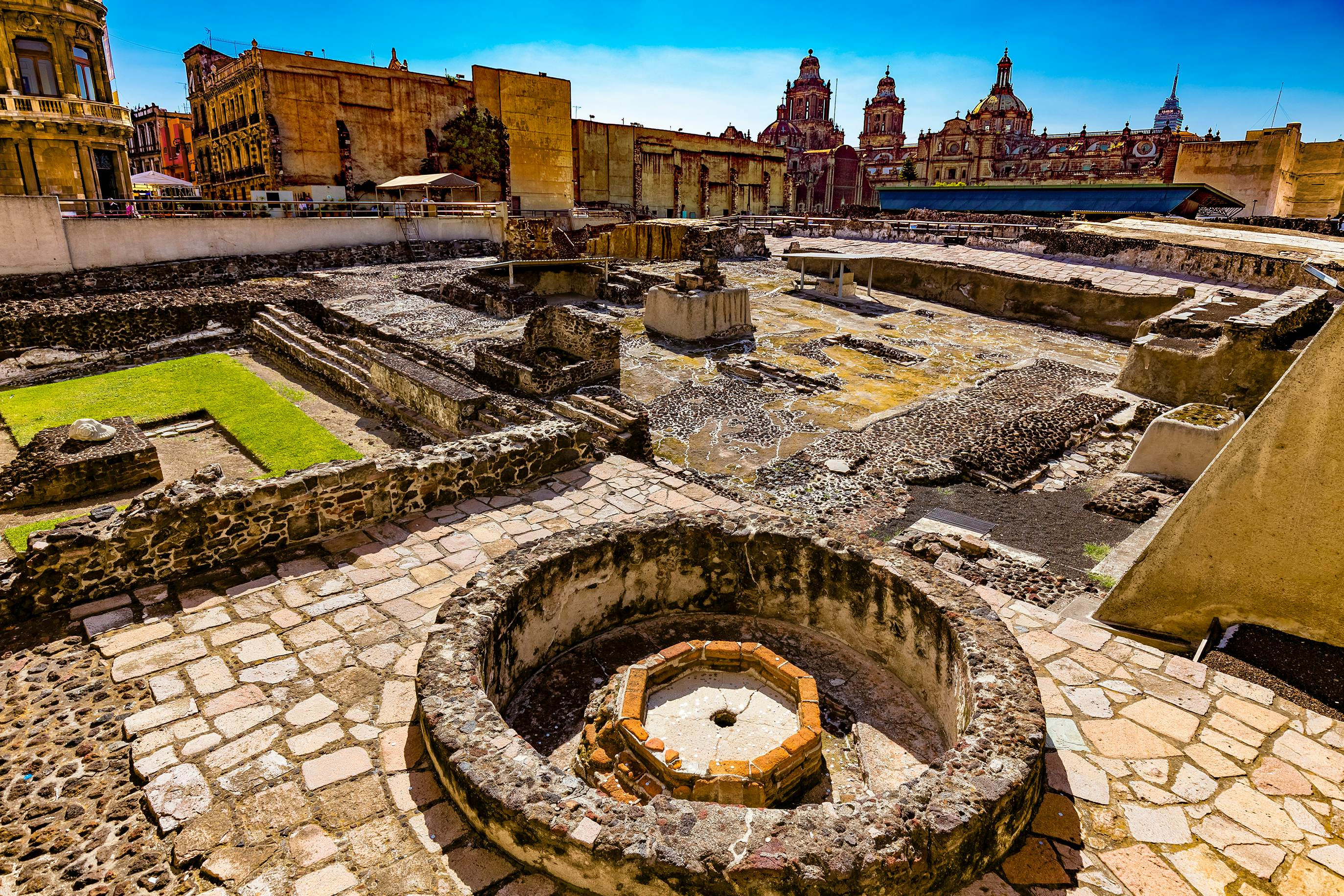 Excavated Aztec Templo Mayor ruins in Mexico City's center