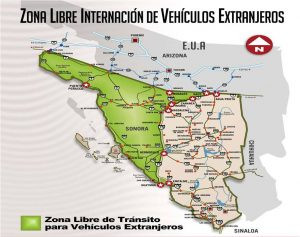 Map of Mexico highlighting the free zone of Sonora