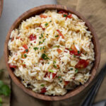 Overhead image of a bowl of Mexican Rice (Spanish Rice or Red Rice)