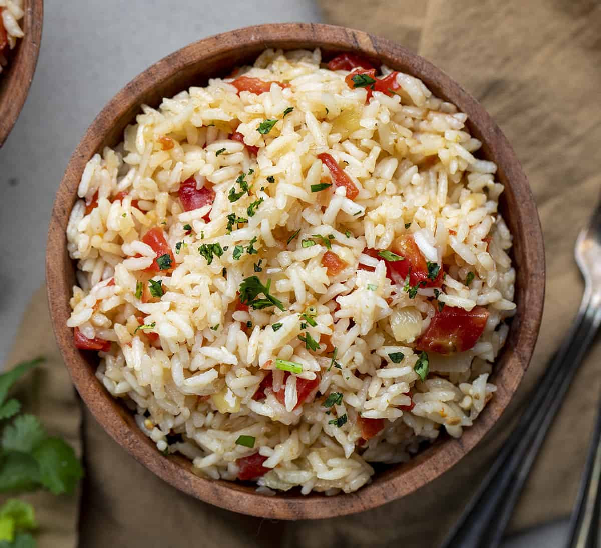 Overhead image of a bowl of Mexican Rice (Spanish Rice or Red Rice)