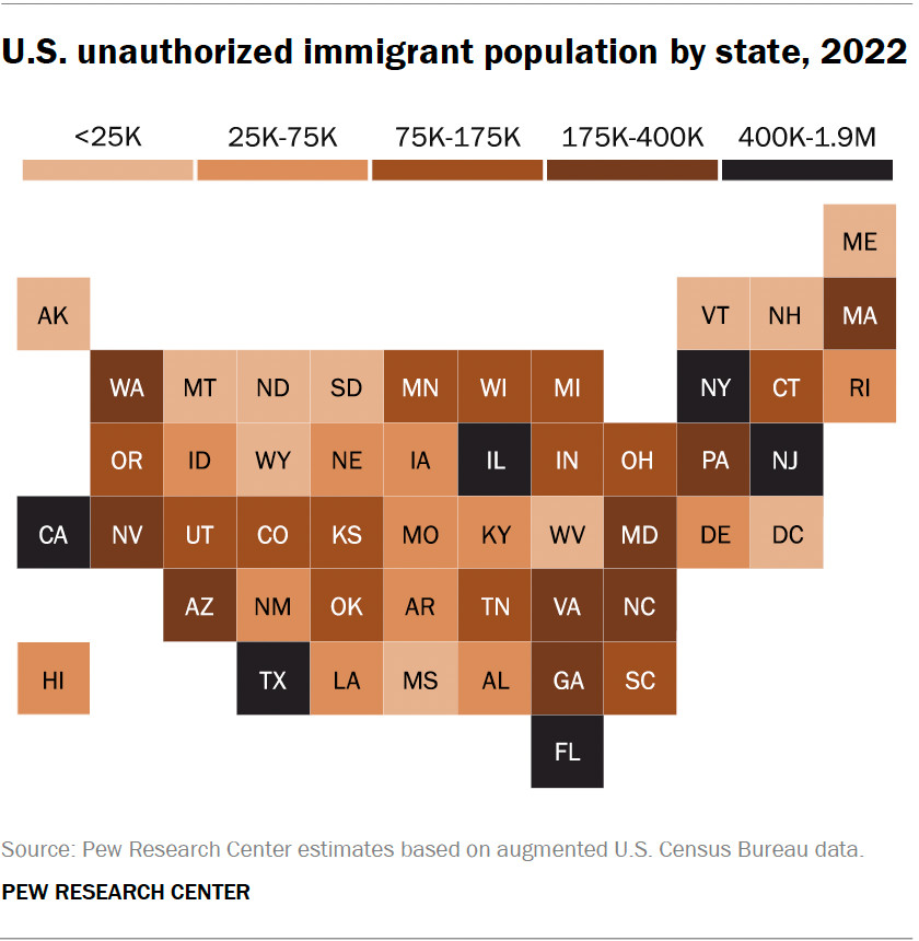 Heat map showing the U.S. unauthorized immigrant population by state, 2022