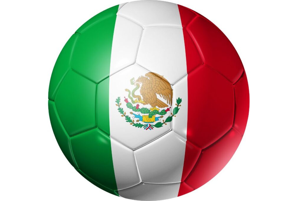 A display of Team Mexico jerseys and soccer souvenirs