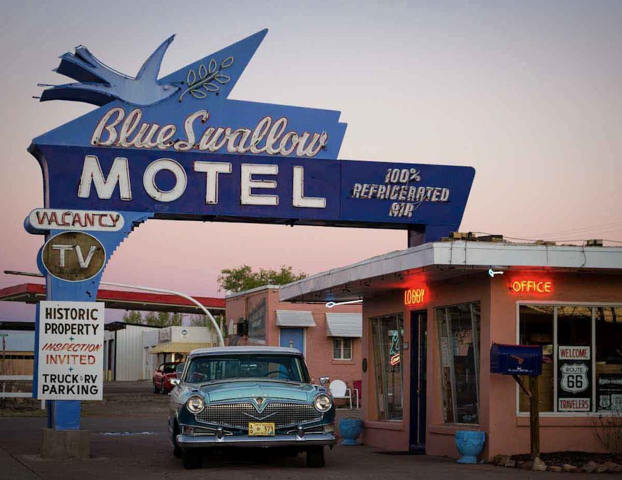 The Blue Swallow Motel in Tucumcari, New Mexico, a beautifully restored Route 66 landmark.