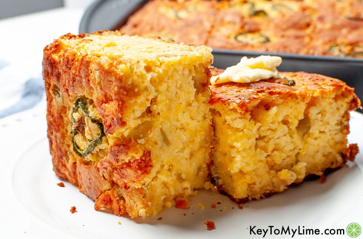 Slices of Mexican cornbread on a plate.