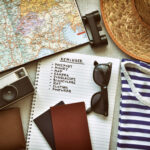 Packing essentials for a cruise to Mexico, including a passport, sunglasses, and a map, highlighted against a tropical background.