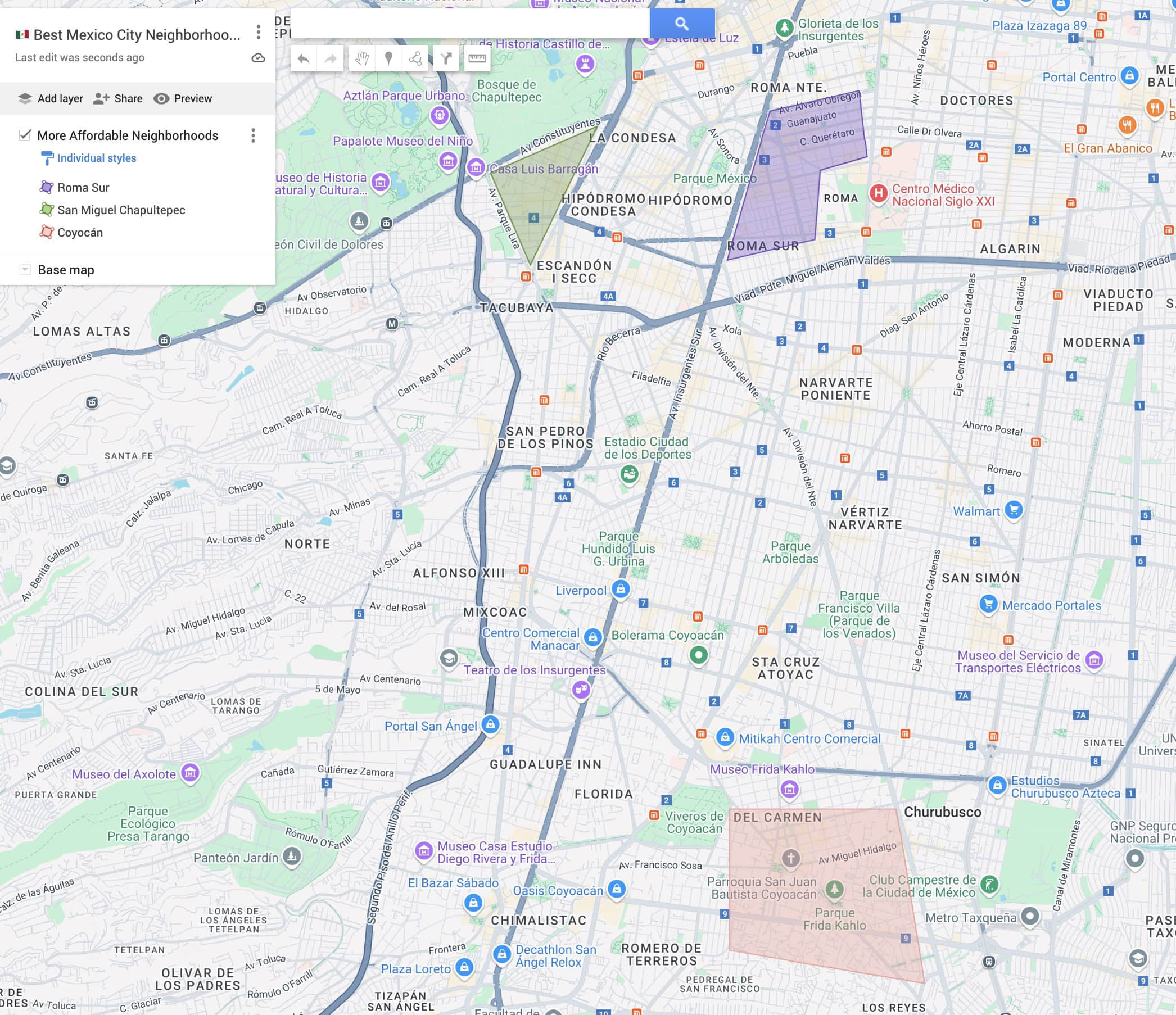 Map of Roma Sur, San Miguel Chapultepec, and Coyoacán, highlighting budget-friendly neighborhoods