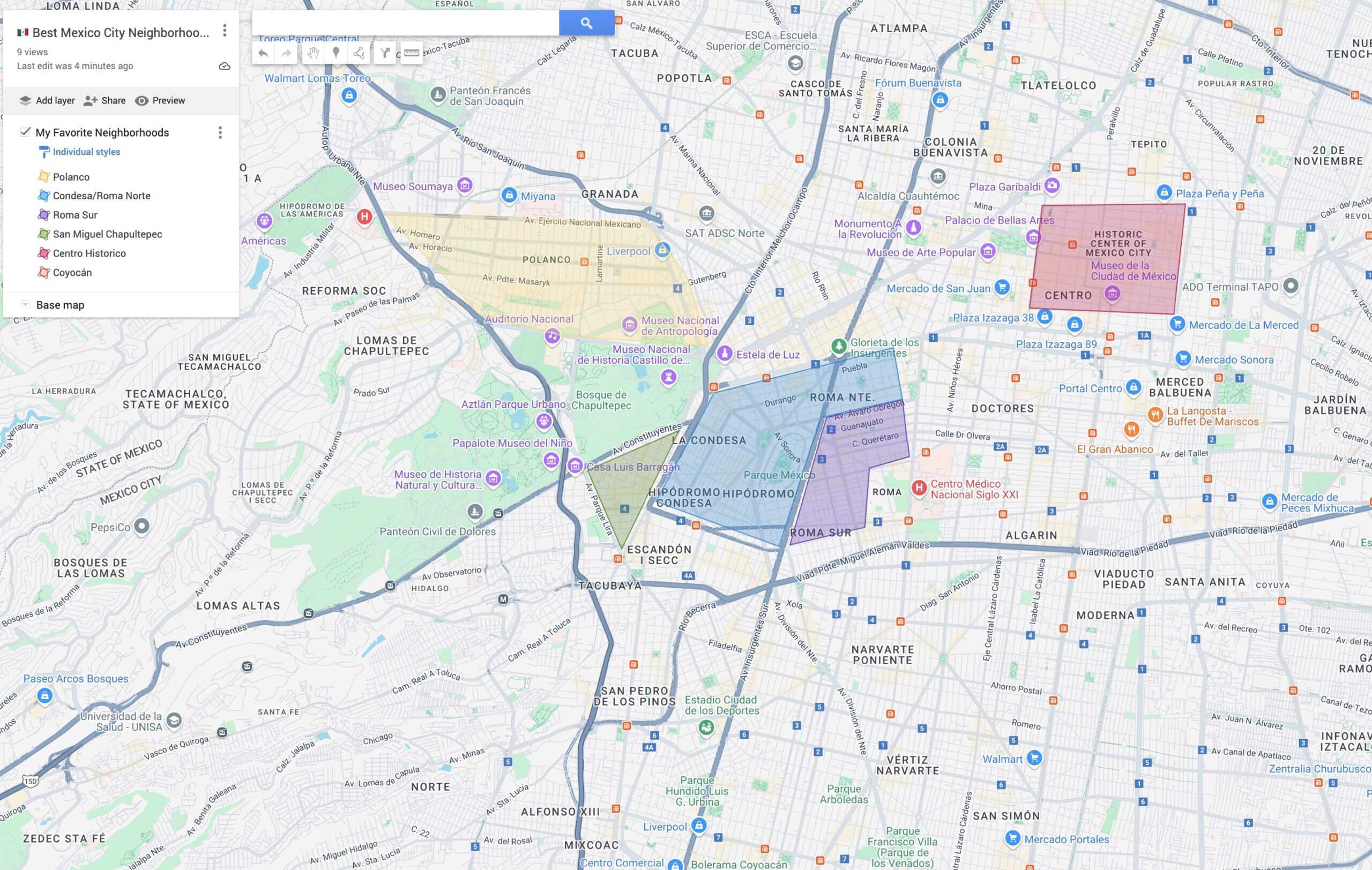 Map of neighborhoods in Mexico City highlighting key areas for visitors